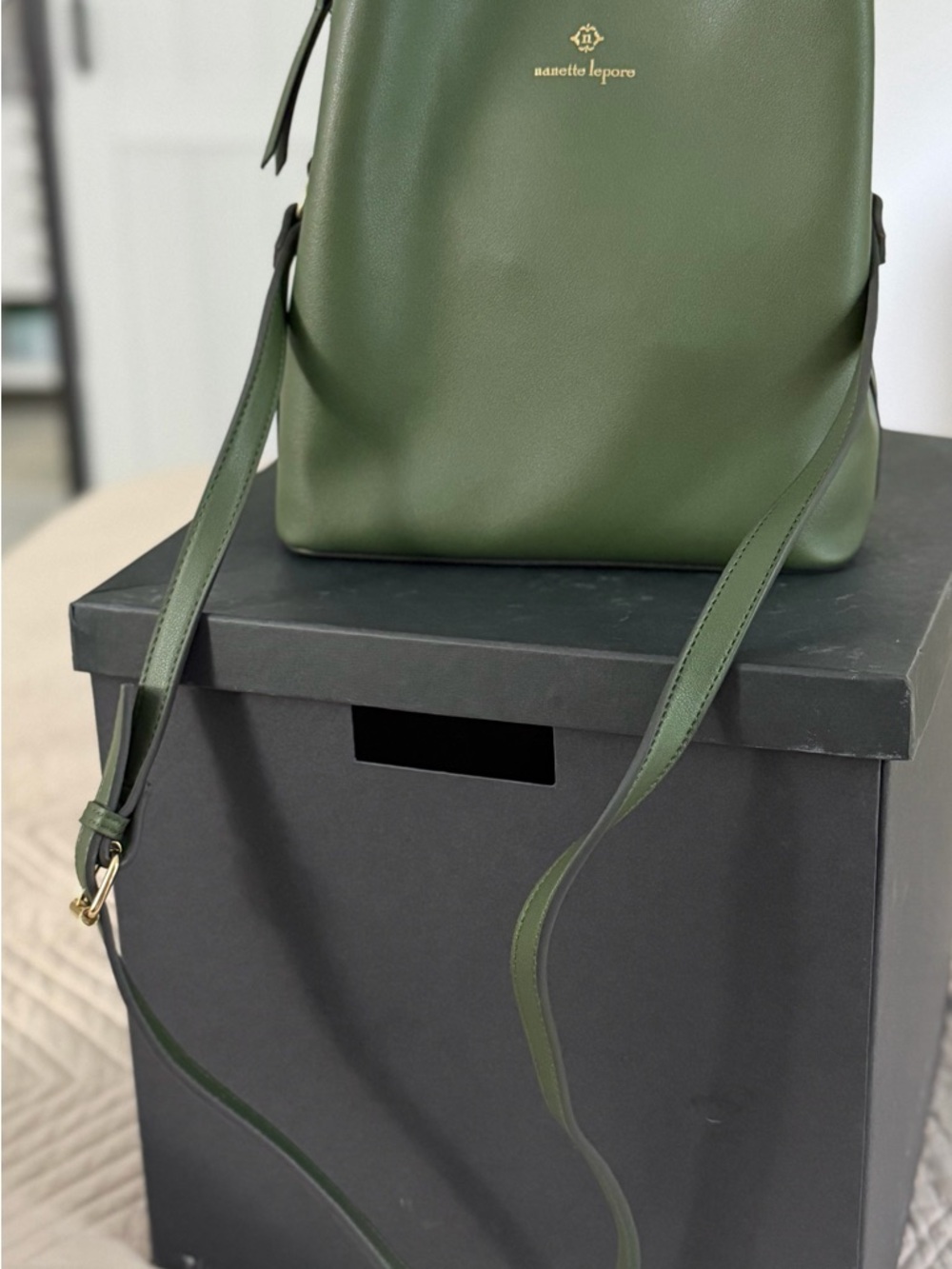 Nanette Lepore Olive Leather Crossbody Bucket Bag